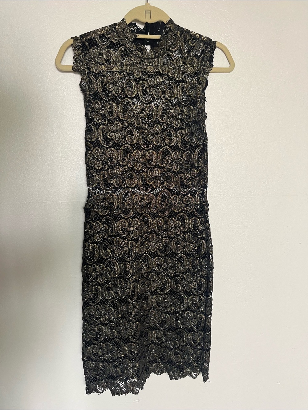 Nightcap by Carisa Rene Black & Gold Metallic Lace Bodycon Dress – Mock Neck